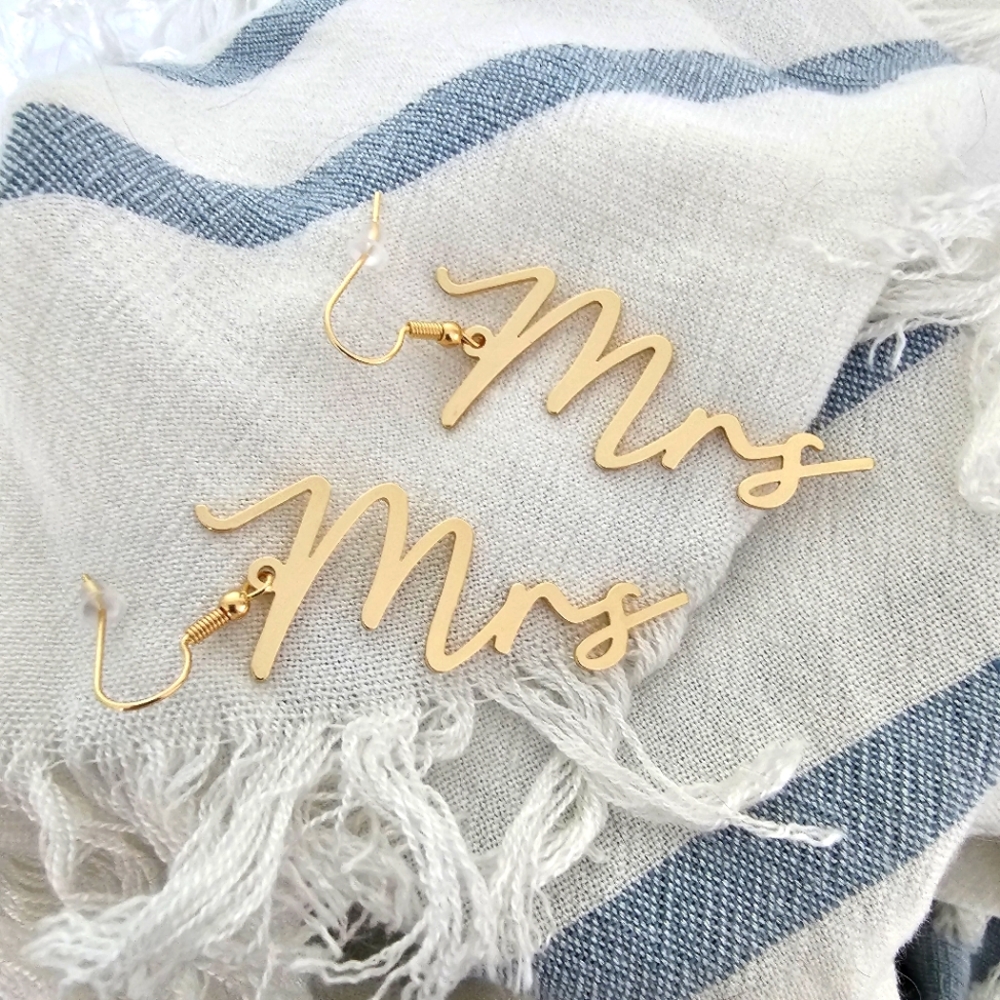 Gold Letter Drop MRS Earrings